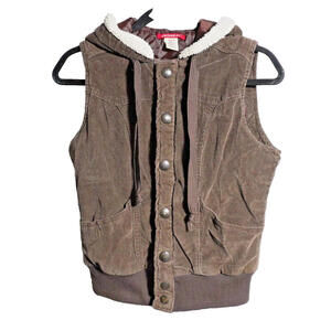 Vintage Y2K Brown Corduroy Sherpa Lined Hooded Vest Snaps Pockets‎ Union Bay M